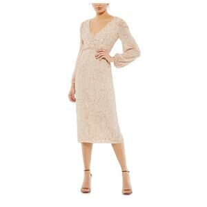 Mac Duggal Sequin Beaded Long Sleeve Midi Dress Size 6 Nude Champagne Formal NWT